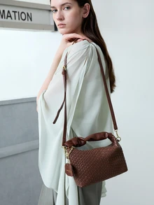 CHICVUE New Fashionable Simple All-Match Fold & Braid Pu Two-Tone Handbag Shoulder Bag Crossbody Bag - Coffee Brown - View 3