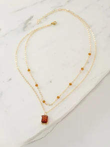 Clariva 1pc Vintage Square Brown Cubic Zirconia Pendant With Double Layer Crystal Beads Necklace, Women's Daily, Holiday, Party Accessory - Yellow Gold - View 3