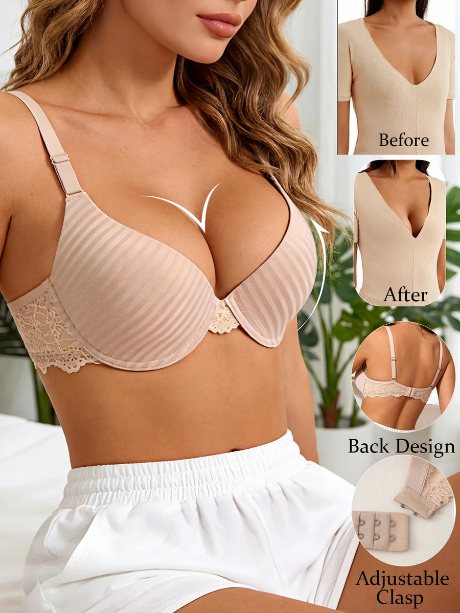 性感蕾丝纯色钢圈文胸，短款提拉侧支撑文胸，女士 - 杏色 - 查看 1