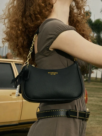 Hatastic New Fashion Women's Shoulder Bag, Made Of Multi-Functional Waterproof PU Material, Decorated With Black Bow Pendant And Letter Design, Can Be Used As Shoulder Bag Or Underarm Bag, Suitable For Shopping, Commuting, Outing, Party And Other Occasions Music Fest