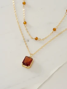 Clariva 1pc Vintage Square Brown Cubic Zirconia Pendant With Double Layer Crystal Beads Necklace, Women's Daily, Holiday, Party Accessory - Yellow Gold - View 4