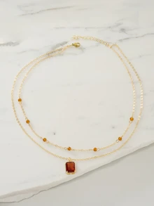 Clariva 1pc Vintage Square Brown Cubic Zirconia Pendant With Double Layer Crystal Beads Necklace, Women's Daily, Holiday, Party Accessory - Yellow Gold - View 5