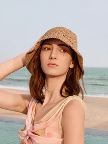 Glizzene 经典草编帽，女士沙滩遮阳帽，多功能渔夫帽，防紫外线，春夏婚礼帽 - 駝色 - 查看 2