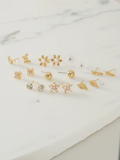 Clariva 9pairs/Set Japanese & Korean Unconventional Design Pearl & Flower & Geometric Shape Earrings Suit All Occasions Valentines,Mom,Mother,Mother's Day,Gift