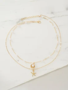 Clariva 1 pieza Collar de estilo resort de playa con estrella de mar y concha con perlas falsas, adecuado para uso diario, regalo y accesorio de moda - Amarillo Oro - Ver 5