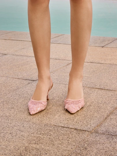 Glizzene 女士两穿网纱花卉图案闭趾凉鞋，7厘米细高跟尖头罗马休闲套脚鞋，优雅踝带高跟鞋婚礼鞋