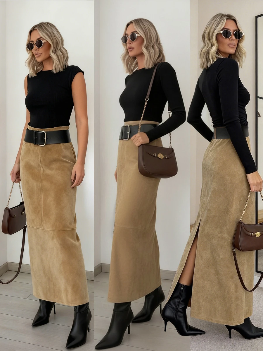 Deer Suede Split Hem Skirt With Black Belt, Casual Commuter Chic Fashion Spring