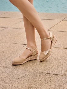 Glizzene Fashionable Women's Gold Elastic Band Woven Jute Rope Round Toe Wedge Shoes Wedding - Multicolor - View 2