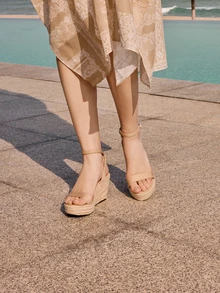 Glizzene Sandales compensées à plateforme imperméable style vintage tressé avec semelle unique en lin, bride élastique, boucle sur le dessus des orteils, design slingback pour femmes. Idéal pour les tenues de printemps et d'été, style bohème, sandales à talons hauts sexy et confortables pour la Saint-Valentin, le mariage - Nude - Voir 1