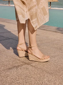 Glizzene Sandales compensées à plateforme imperméable style vintage tressé avec semelle unique en lin, bride élastique, boucle sur le dessus des orteils, design slingback pour femmes. Idéal pour les tenues de printemps et d'été, style bohème, sandales à talons hauts sexy et confortables pour la Saint-Valentin, le mariage - Nude - Voir 3