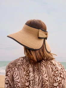 Glizzene Sun Visor Hats For Women Wide Brim Straw Roll-Up Ponytail Summer Beach Hat UV UPF Packable Foldable Travel Boho Bow Wedding Wedding - Khaki - View 3