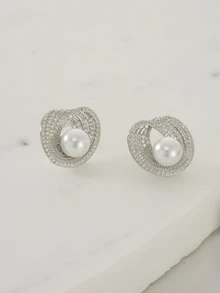 1 Pair Elegant Asymmetrical Circle Pearl Stud Earrings, Suitable For Women Daily/Party Wear - Silver - View 3
