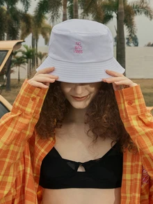 Hatastic 1pc Unisex Embroidered "NO BAD VIBES" Breathable Casual Bucket Hat, Versatile Outdoor Sun Protection - White - View 5