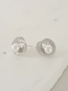 1 Pair Elegant Asymmetrical Circle Pearl Stud Earrings, Suitable For Women Daily/Party Wear - Silver - View 5