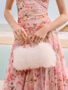 2025 Spring/Summer New Arrival White Romantic Wedding Season 1pc White Mesh Ruffle Tassel Buckle Rhinestone Decorated Handbag, High-End Women's Luxury Dress Evening Bag, Bridal Wedding Party Clutch Valentine's Day Wedding Wedding - White - View 2
