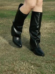 Hatastic 秋冬款纯素皮革一脚蹬及膝粗跟靴，简约百搭，女靴 - 黑色 - 查看 3