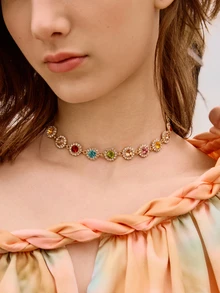 Glizzene Elegant Stylish Colorful Rhinestones Necklace Decorative Accessories Holiday Birthday Party Gift For Girls Wedding Wedding - Gold - View 1