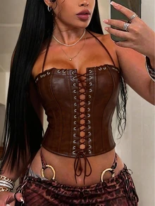 Yuwenier Sexy Punk Style Brown Metal Ring Waist Strap Crop Top, Suitable For Music Festival Outfits Vacation Spring - Brown - View 6