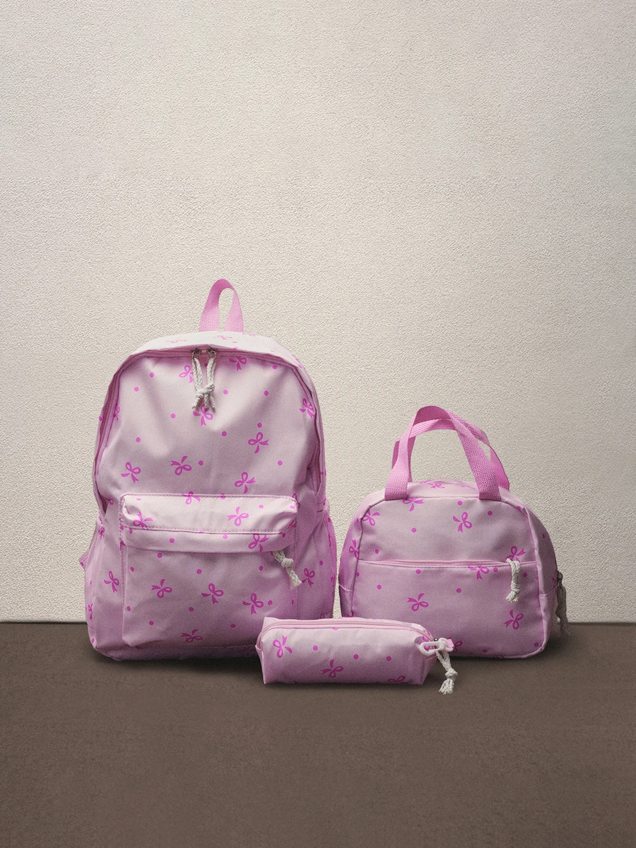 Hatastic 3 Pcs Back To School Backpack Set - Stylish Large Capacity Backpack&Lunch Bag& Pencil Case Multi-Pack,With Laptop Compartment Bow Pattern Durable Nylon Backpack Featuring Adjustable Straps Spacious Multi-Pockets - Lightweight Portable Zipper Bags For Students/Teens/Graduates Perfect For Outdoor/Travel/Middle School/High School /College, Bags For University, University Essentials Music Fest - Pink - View 1