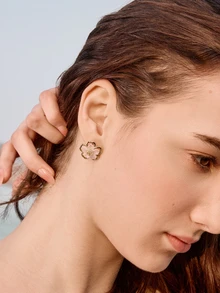 Glizzene 1pair Fashionable And Versatile Small Flower Design Cubic Zirconia Women's Stud Earrings, Daily Accessory Valentines Wedding Wedding - Gold - View 4