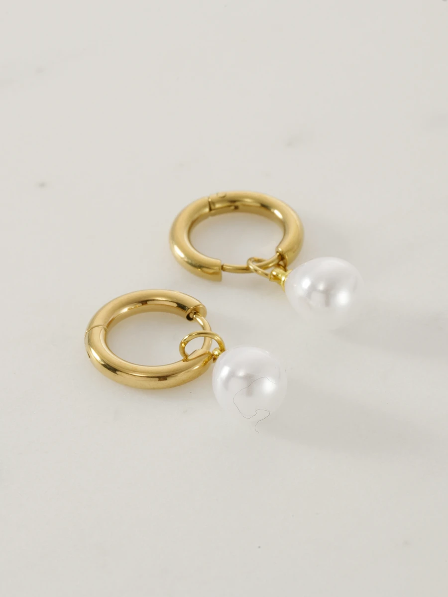 Clariva 1 Pair Stainless Steel Waterproof And Non-Fading Stylish Women's Gold/Silver Water Droplet Pearl Hoop Earrings, Suitable For Women's Daily Wear - Gold - View 1
