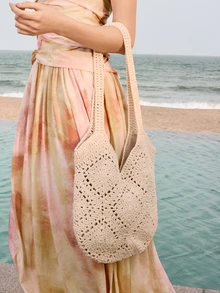 Glizzene Borsa a rete lavorata a mano all'uncinetto, grande capacità, pura tessitura manuale, adatta per vacanze estive in spiaggia, viaggi, borsa da signora dolce, necessità da spiaggia, articoli da spiaggia ed essenziali estivi, borsa per vacanze più recente, matrimonio - Beige - Visualizzare 4