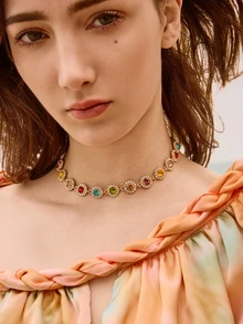 Glizzene Elegant Stylish Colorful Rhinestones Necklace Decorative Accessories Holiday Birthday Party Gift For Girls Wedding Wedding - Gold - View 4