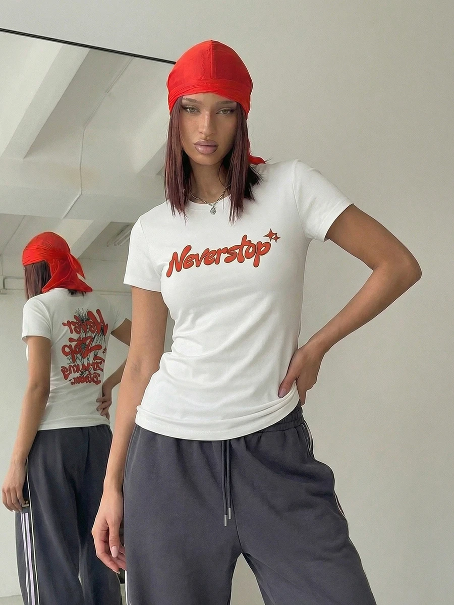 Women's Polyester Crew Neck Short Sleeve T-Shirt, White Regular Fit Top With "Never Stop" Print - White - View 1