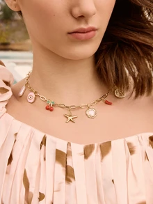 Glizzene 1 pieza Collar con colgante de cadena de clavícula con dijes de cereza, corazón, estrella de mar, chile, perla falsa y abeja, accesorios de joyería de fiesta diaria para mujer, joyería divertida para San Valentín y boda - Amarillo Oro - Ver 1