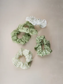Hatastic 5pcs Women's 9cm/3.54in Polka Dot Plaid Green Floral Scrunchies, Fashionable Versatile High-End Elegant Minimalist Solid Color Hair Ties, Suitable For Daily Outings, Casual, Party, Commute, Beach, Vacation, Ponytail, Bun, Washing Face, Makeup, Outfit Accessory Makeup Home Gym Woman Accessories Head Accessories Music Fest Back To School - Green - View 4