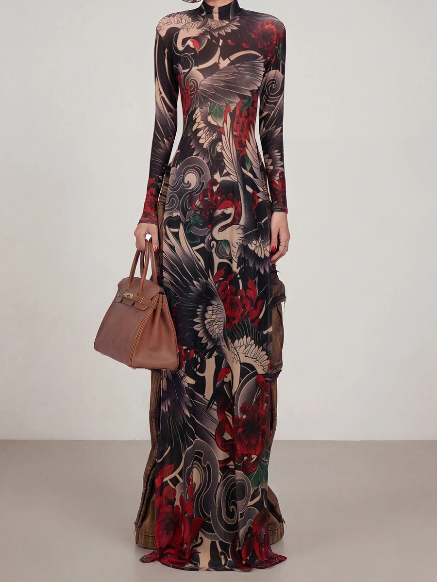 Summer Street Snake Skin Pattern High Neck High Slit Long Top - Multicolor - View 1