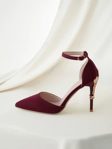 Clariva Fall/Winter 2025 European And American Style Fashionable Metal Flower Stiletto High Heel Wedding Shoes For Women, Pointed Toe Ankle Strap Sandals,Sexy,Women Pumps,Party Outfits - Burgundy - View 5