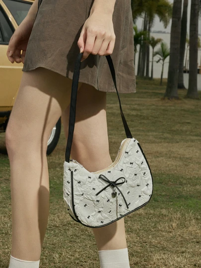 Hatastic 1pc Summer New Bow Heart Decor Shoulder Women Handbag, Fashion Crossbody Bag For Shopping, Cute Bow Bag For Women