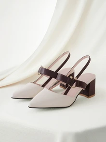 Clariva 女士粗跟尖头套脚高跟鞋，2025春夏新款百搭时尚高跟鞋，优雅 - 米色 - 查看 1