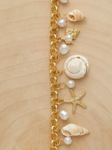 Glizzene 1pc Ocean Theme Starfish, Shell, Pearl Charm Bracelet, Christmas Gift, Holiday Jewelry - Yellow Gold - View 3