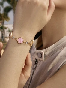 Hatastic 1pc Double Layer Four-Leaf Clover Heart Charm Bracelet - Yellow Gold - View 3