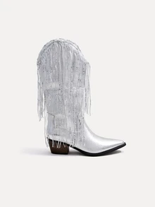 TuEzra Fall/Winter 2025 Double-Layer Tassel Mid-Heel Small Square Toe Slip-On Fashionable And Comfortable Fashionable,Style With Sweater, All-Match Knight Boots Western Boots Women's Mid-Calf Boots,Cowboy Boots - Silver - View 2