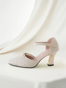 Clariva 2025秋冬季女士搭扣带粗跟水钻高跟鞋，优雅派对装扮 - 杏色 - 查看 5