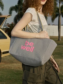 Hatastic This Fashionable Classic Clown Colorblock Striped Design Handbag Has A Large Capacity, Is Lightweight And Easy To Carry, With Letter Graphics On Both Sides. Shoulder Tote Bag, Suitable For Travel And Shopping. Music Fest Back To School - Black - View 4