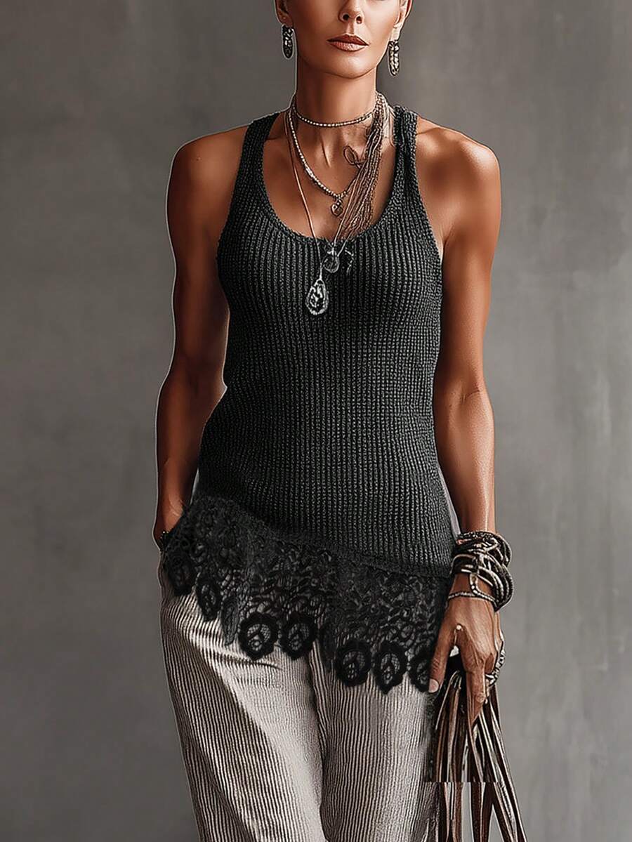 女士圆领纯色修身针织吊带背心，复古优雅撞色蕾丝设计，休闲无袖上衣，百搭日常时尚，夏季必备，度假完美之选（黑色） - 黑色 - 查看 1