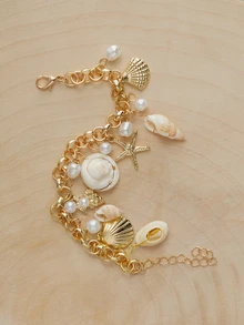 Glizzene 1pc Ocean Theme Starfish, Shell, Pearl Charm Bracelet, Christmas Gift, Holiday Jewelry - Yellow Gold - View 5