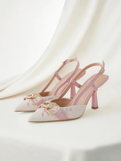 Clariva Women's Embroidered Chain Decor High Heels, Pointed Toe Slingback Sandals, Fashion Summer Holiday Party Dress Shoes, Elegant Pink High Heels