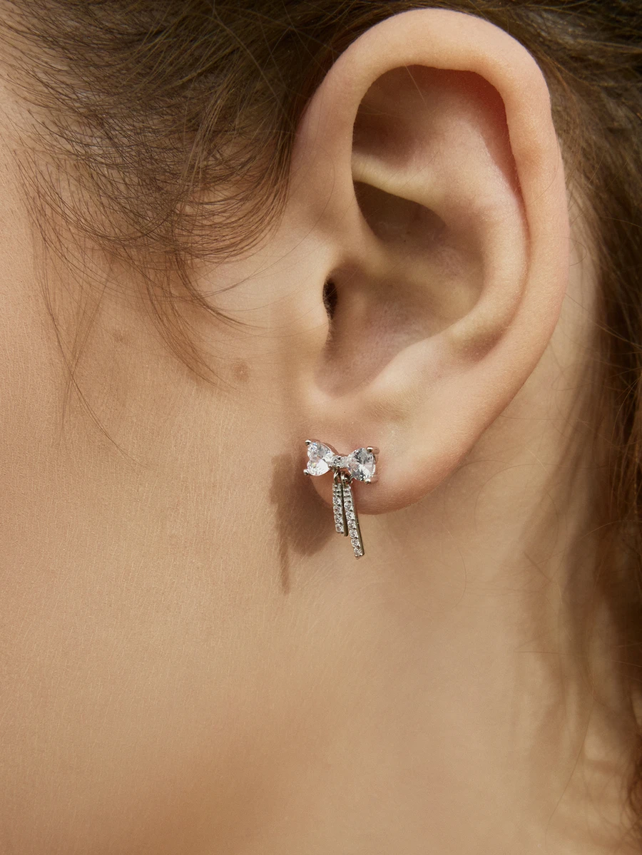 Hatastic Top-Grade Celebrity Design, High-End Feel, S925 Sterling Silver, Classic Large Zirconia Bow Tassel Earrings, Ideal Gift For Family, Friends, And Couples Music Fest - Silver - View 1