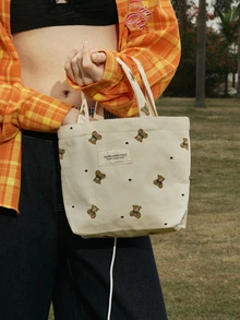 Hatastic 1 chiếc túi tote vải canvas Mibai Kaqi dành cho nữ, họa tiết gấu màu hồng và xanh nhạt, túi xách tay nữ, túi đeo vai, quà sinh nhật cho mẹ, túi đeo chéo, túi công sở, túi đi học, túi xách nhỏ, túi vải canvas, túi tote có khóa kéo, túi tote đeo vai nữ, màu xanh dương chủ đề lễ hội âm nhạc. - Nhiều màu - Xem 2