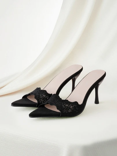 Clariva Women's Embroidered Fabric Open Toe High Heel Mule Slippers, Classic White And Black Colors, Suitable For Mother's Day