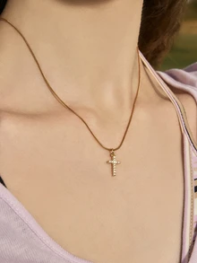 Hatastic Kalung Liontin Salib Mini FICCINO dengan Hiasan Zirkonia Kubik dan Rantai Warna Emas yang Dapat Diatur, Set Perhiasan Baja Titanium, Hadiah Natal dengan Kotak, Festival Musik, Kembali ke Sekolah - 45n - View 1