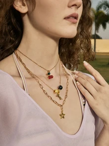 Hatastic 3pcs Leopard & Cherry Necklace Set, 8-Ball Billiard Dice Charm Necklace, Red Cherry Necklace, Fashionable Star Necklace, Classic Leopard Necklace - View 3