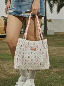 Hatastic Casual Cartoon Tote Bag, Minimalist Design, Suitable For All Seasons, Autumn/Winter, Random Pattern/Scarf Color , Pink Music Fest - Pink - View 1