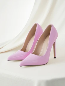 Clariva Tacones de aguja con material brillante tipo espejo para mujer, nuevos diseños 2025 de tacones altos color rosa, elegantes, bombas para mujer, elegantes, tacones puntiagudos - Rosa - Ver 1