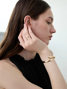 CHICVUE 1pc Geometric Water Drop Metal Bangle & 1pc Ring, Simple & Fashionable, Suitable For Women's Daily Wear, Gatherings, Dates, Gift - Yellow Gold - View 5